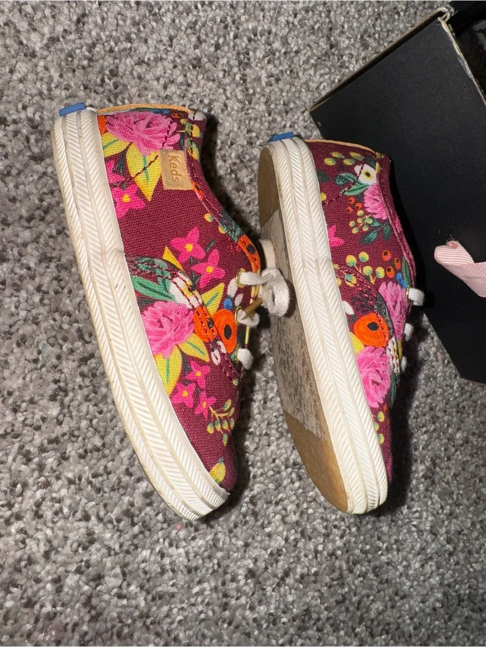 Keds Kids Floral Canvas Sneakers in Burgundy with Pink & Orange Accents